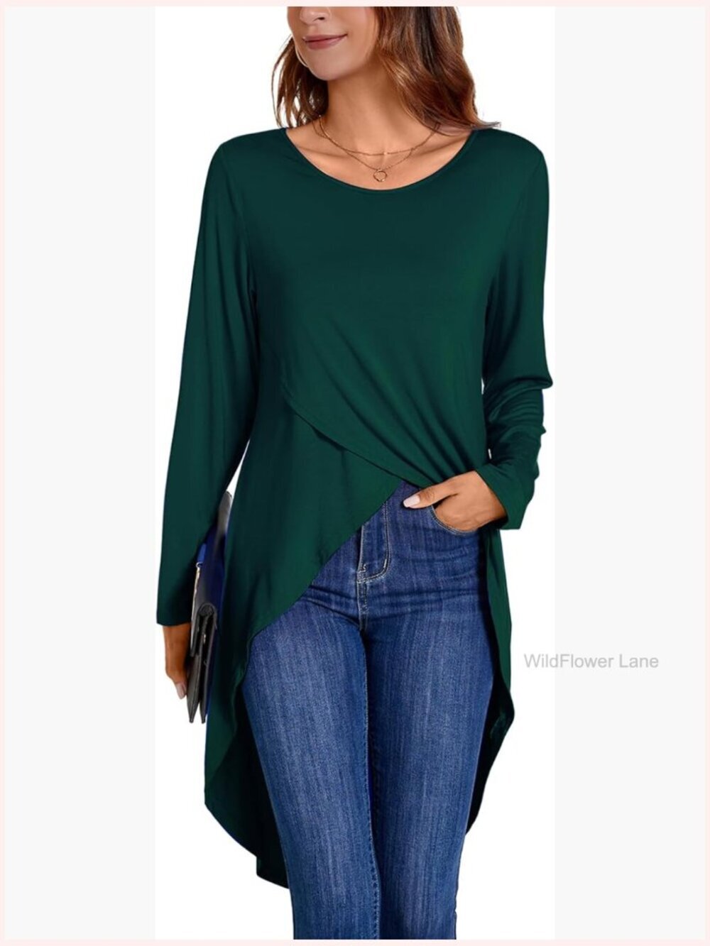 Long Sleeve High Low Wrap Front Tunic Blouse Crewneck Split Hem